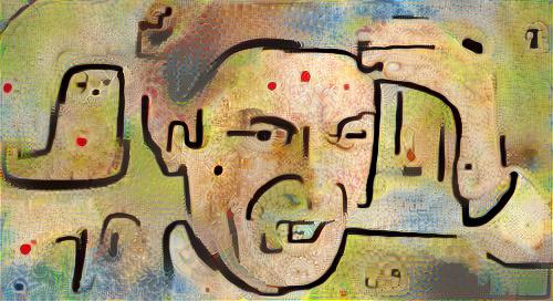 Jeff Goldblum from The Fly, in the style of Insula Dulcamara by Paul Klee